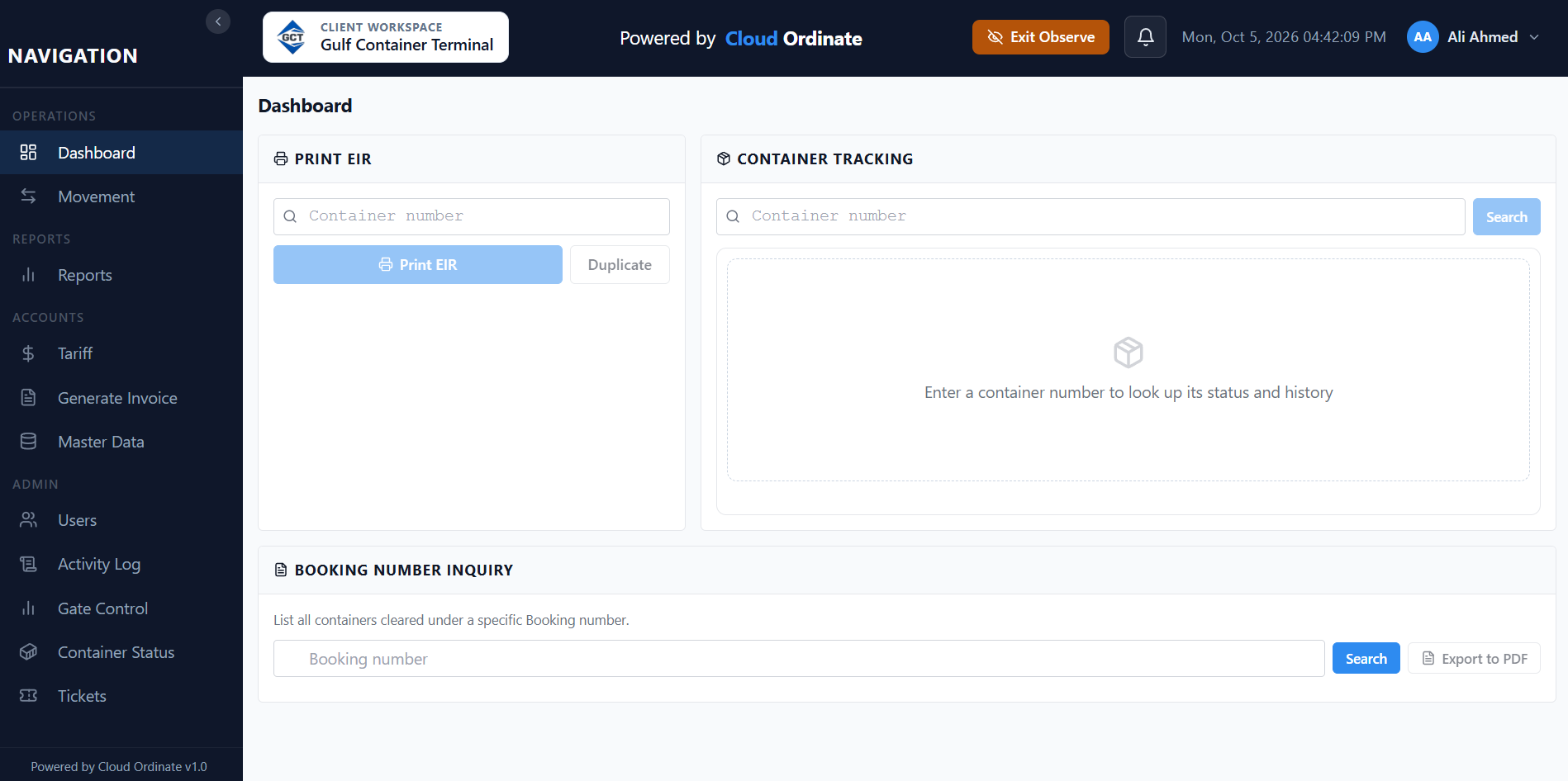 GCT warehousing software dashboard